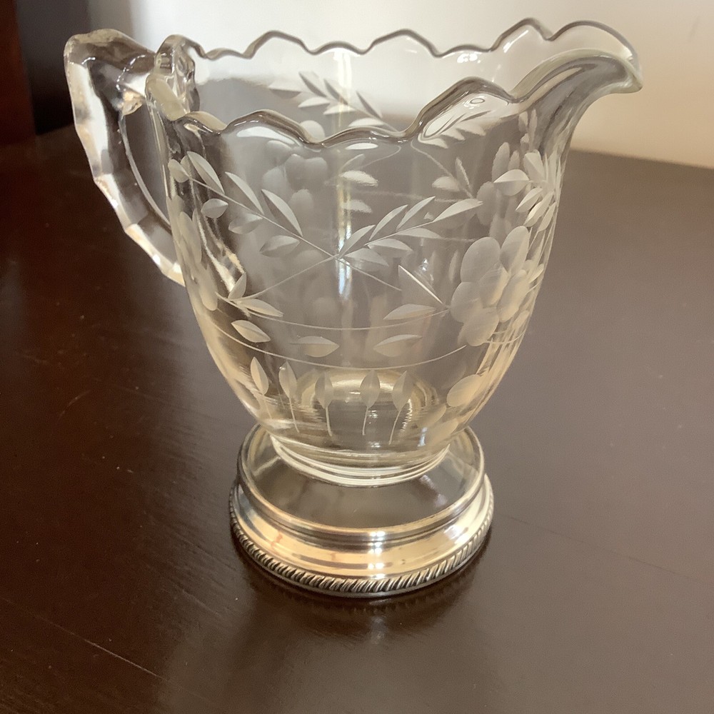 Vintage Etched Glass Syrup Pitcher with Sterling Base (Gadroon pattern)