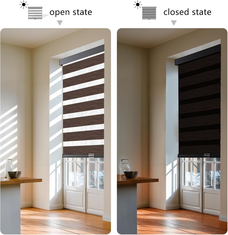 Cordless Zebra Blinds Windows Pull Down Roller Window Shades Dual Layer Light