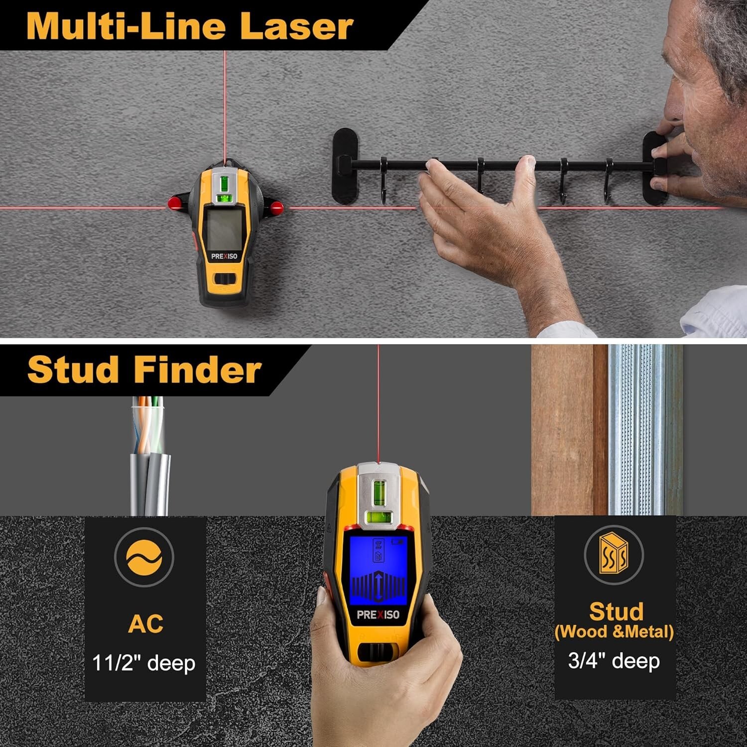 PREXISO 2-in-1 Stud Finder with Laser Level, Rechargeable Cross Line Laser