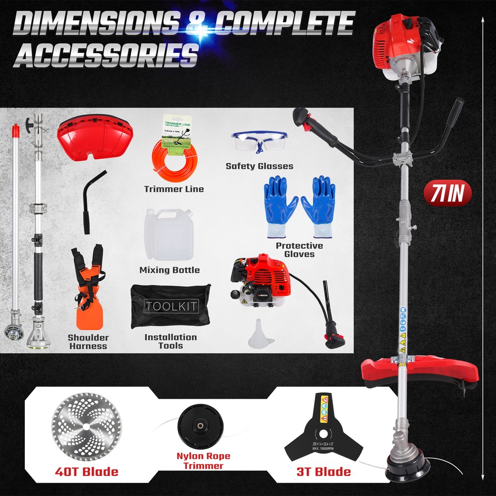 52cc 2-Cycle Weed Wacker Gas Powered 3-in-1 String Trimmer/Edger Grass Trimmer