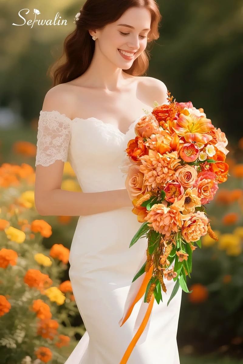11 Inch Wedding Bouquets Bride Bridesmaid,Fall Cascading Orange Bridal Bouquets