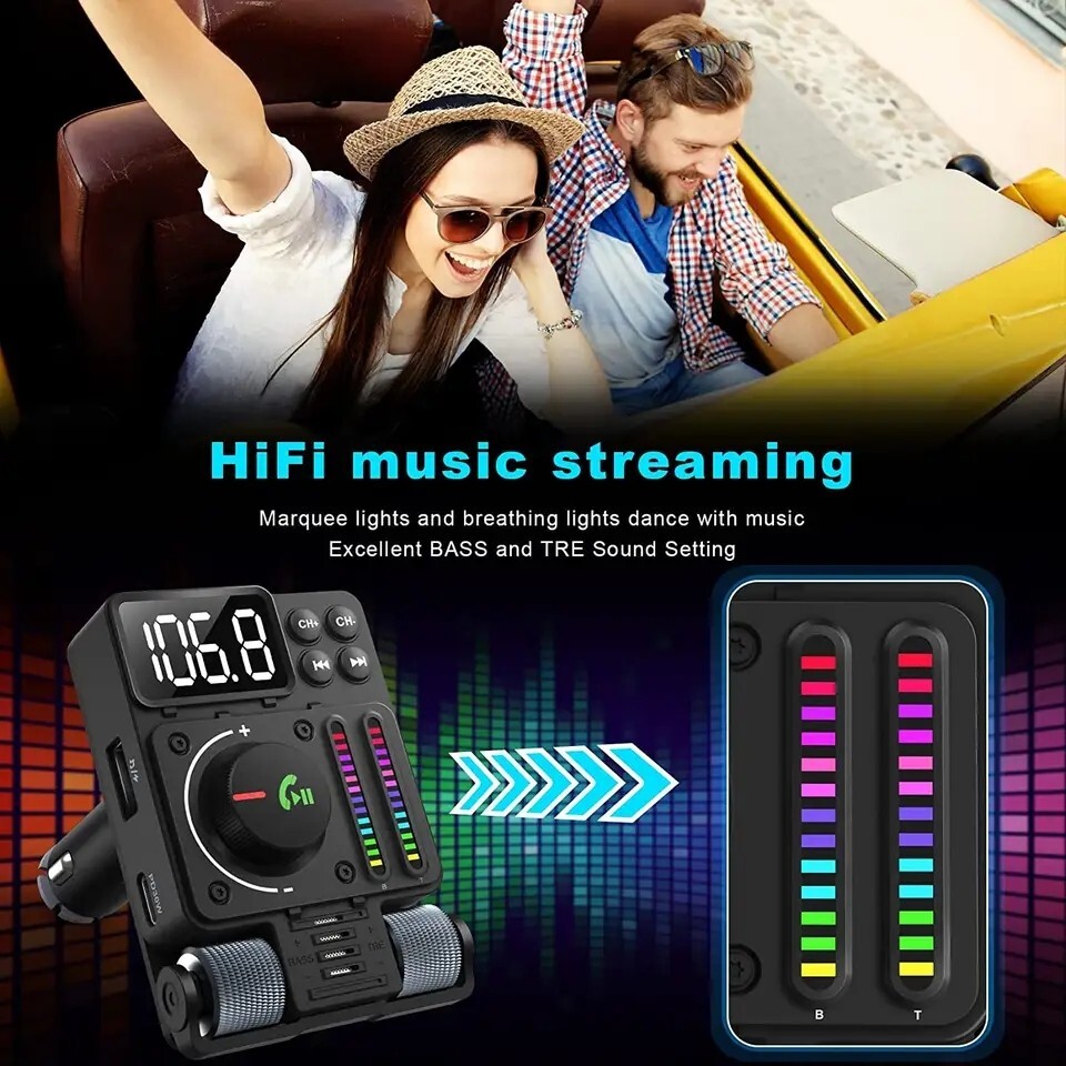 Wireless Bluetooth 5.3 FM Transmitter Radio Adapter USB Ports Car Fast Charger
