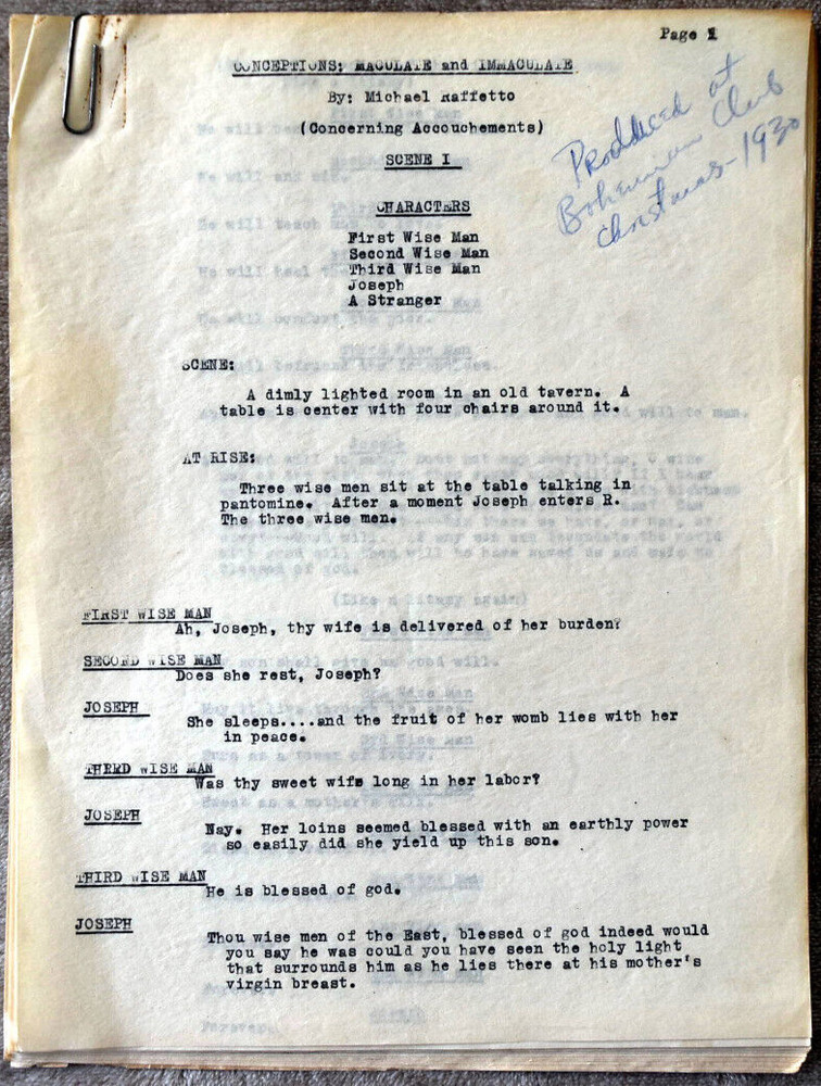 1930 Michael Raffetto " Conceptions Maculate & Imaculte " Original Script