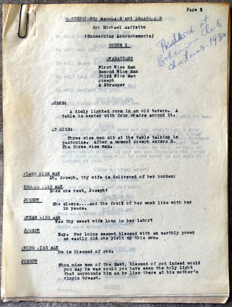 1930 Michael Raffetto " Conceptions Maculate & Imaculte " Original Script