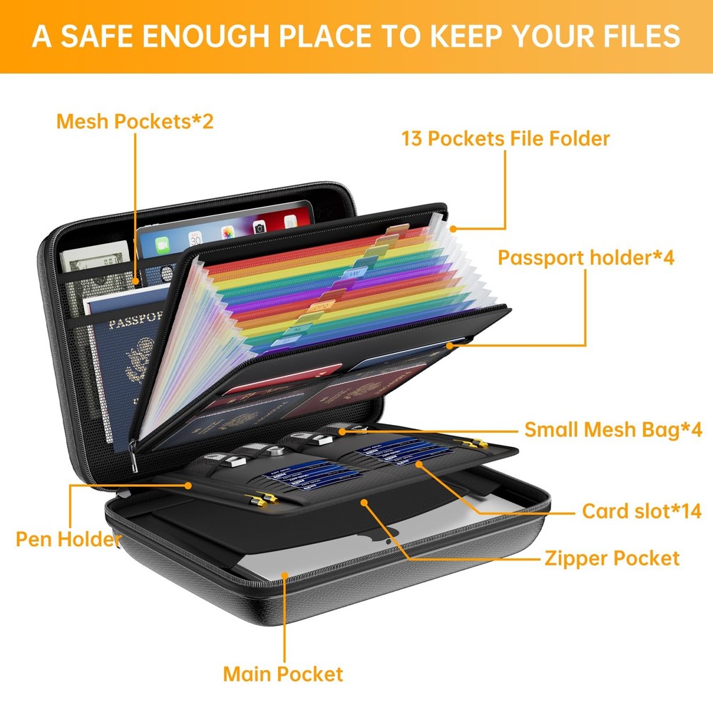 Fireproof File Organizer with Lock, Hard-Shell Case Fireproof Document Box wi...