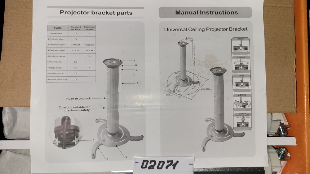 ALUMINUM HEIGHT ADJUSTABLE CEILING PROJECTOR BRACKET PRB-3 GRAY
