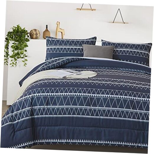 Comforter Set,Reversible Boho Triangle Down Alternative King Navy Blue