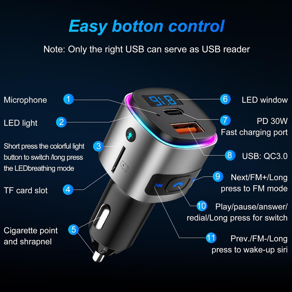 (Upgraded Version) FM Transmitter Bluetooth, Bluetooth Car Adapter [PD 30W & ...