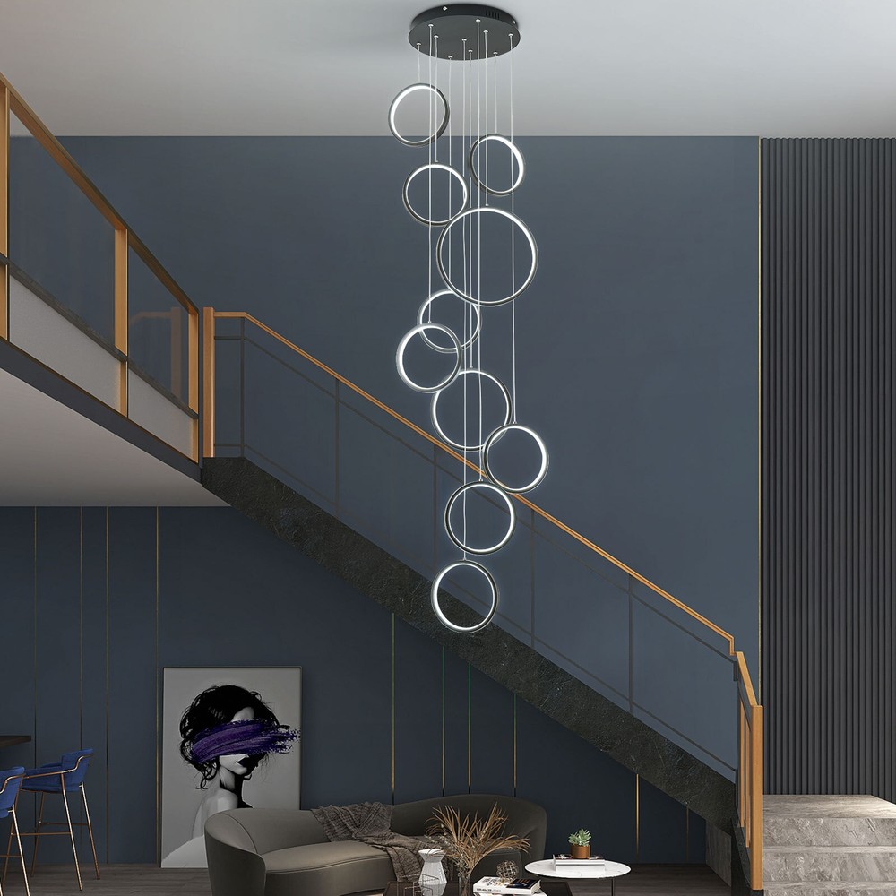 10 Rings Dimmable Black Pendant Light with Remote Control Adjustable Height New