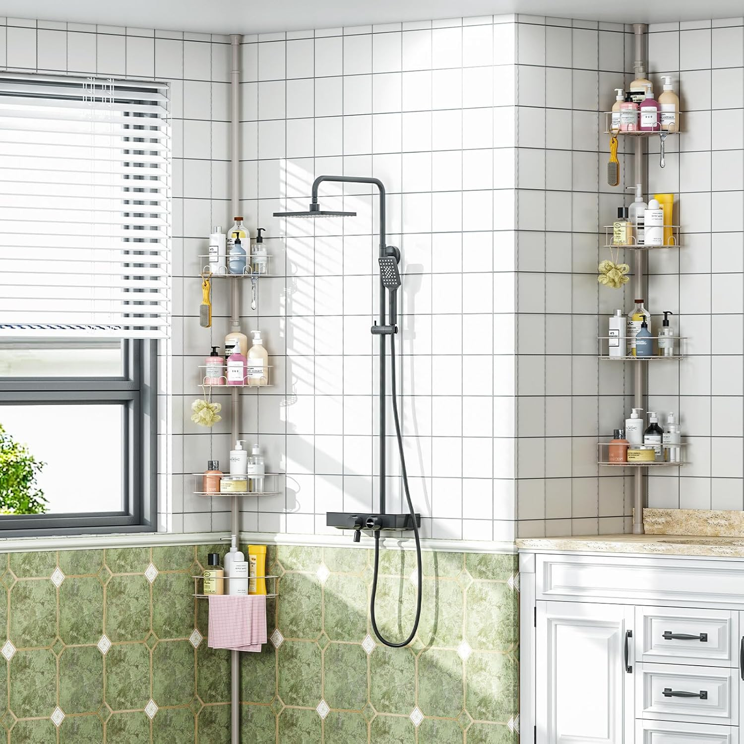 Corner Shower Caddy Tension Pole, 4 Tier Adjustable Bathroom Organizer Shelves,