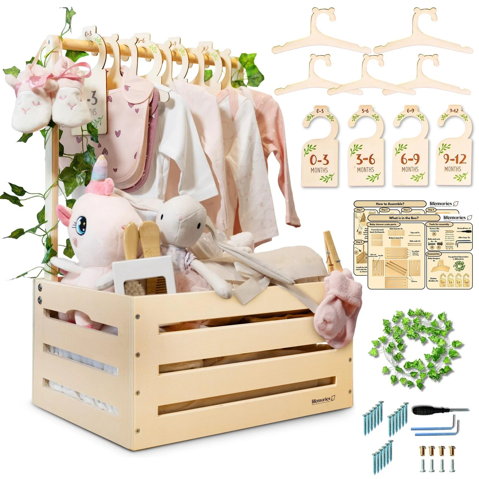 Kit Wooden Baby Shower Crate Closet Gift with Hangers, Large