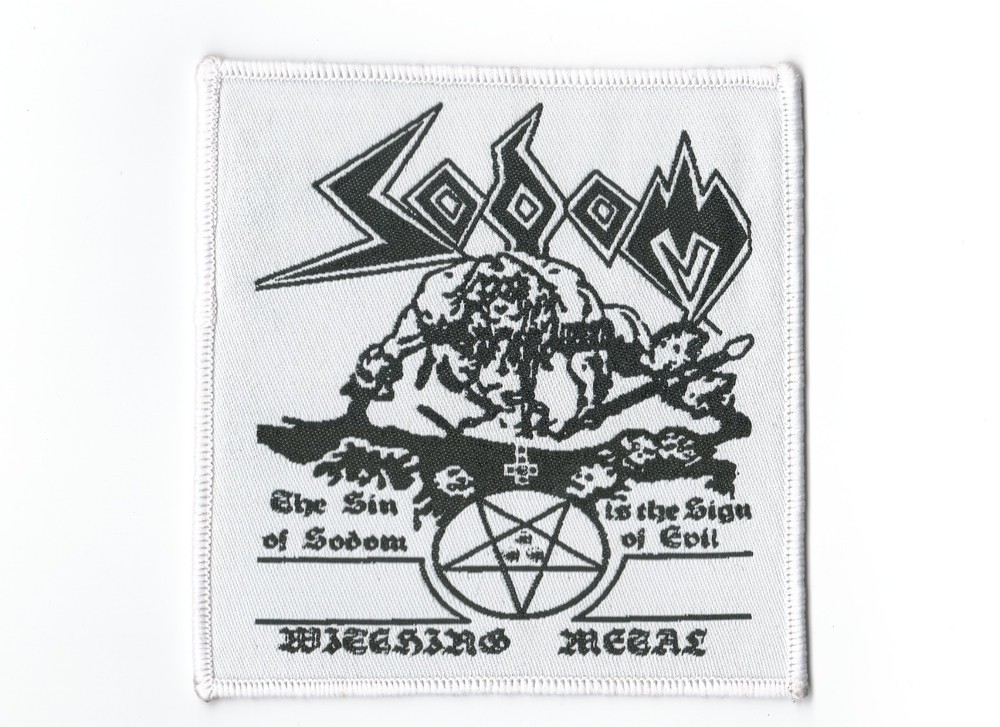 SODOM ,WITCHING METAL,  SEW ON WHITE BORDER WOVEN PATCH