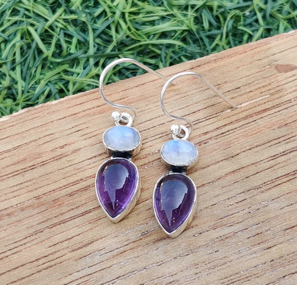 Amethyst & Moonstone Earring Solid 925 Sterling Silver Free Shipping MO**