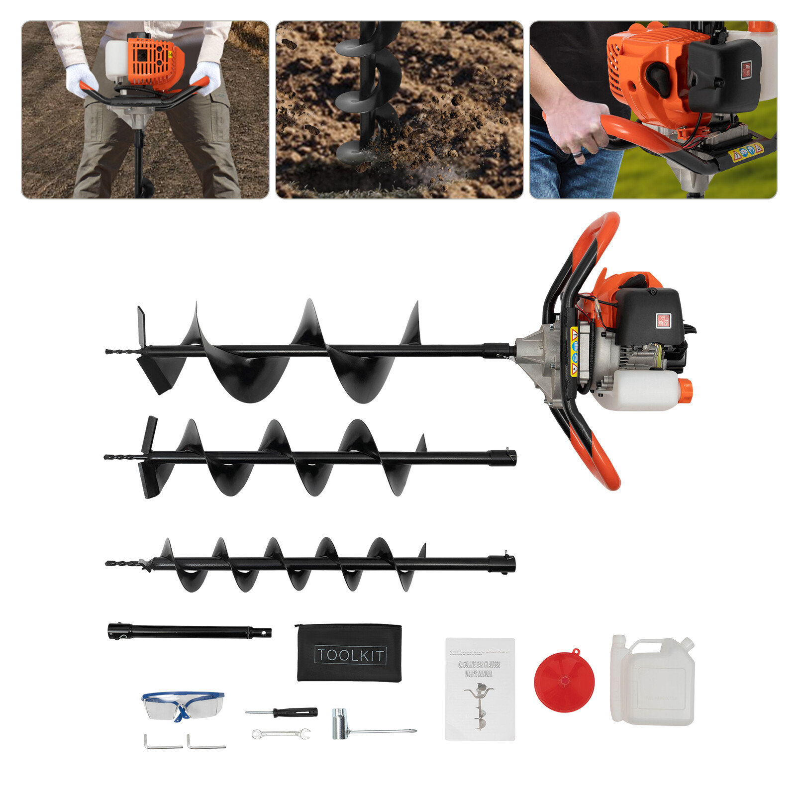 Auger Post Hole Digger 52cc-2 Stroke Digging Tool with Drill Bits 4'', 6" & 8"