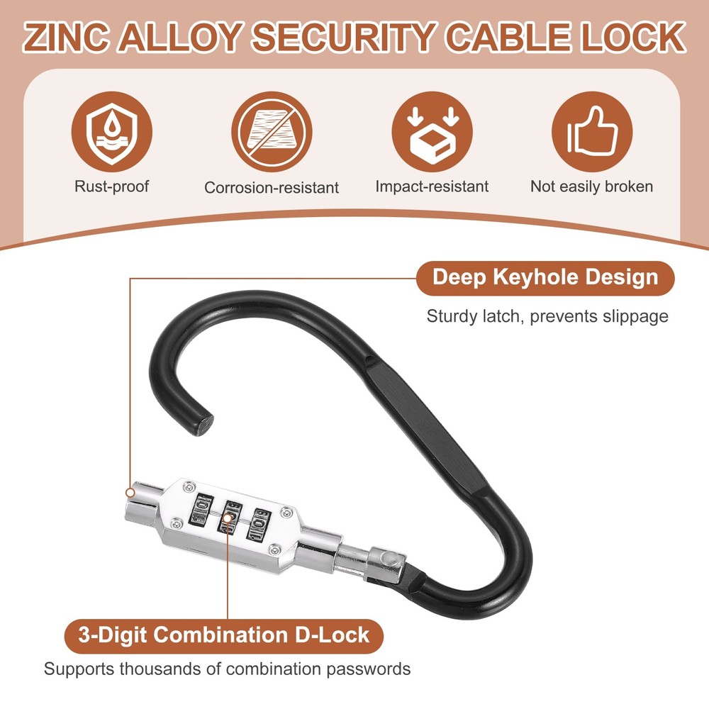 3.8" x 1.8" D-Shaped 3-Digit Code Combination Lock D-Ring Clip Locking, Black