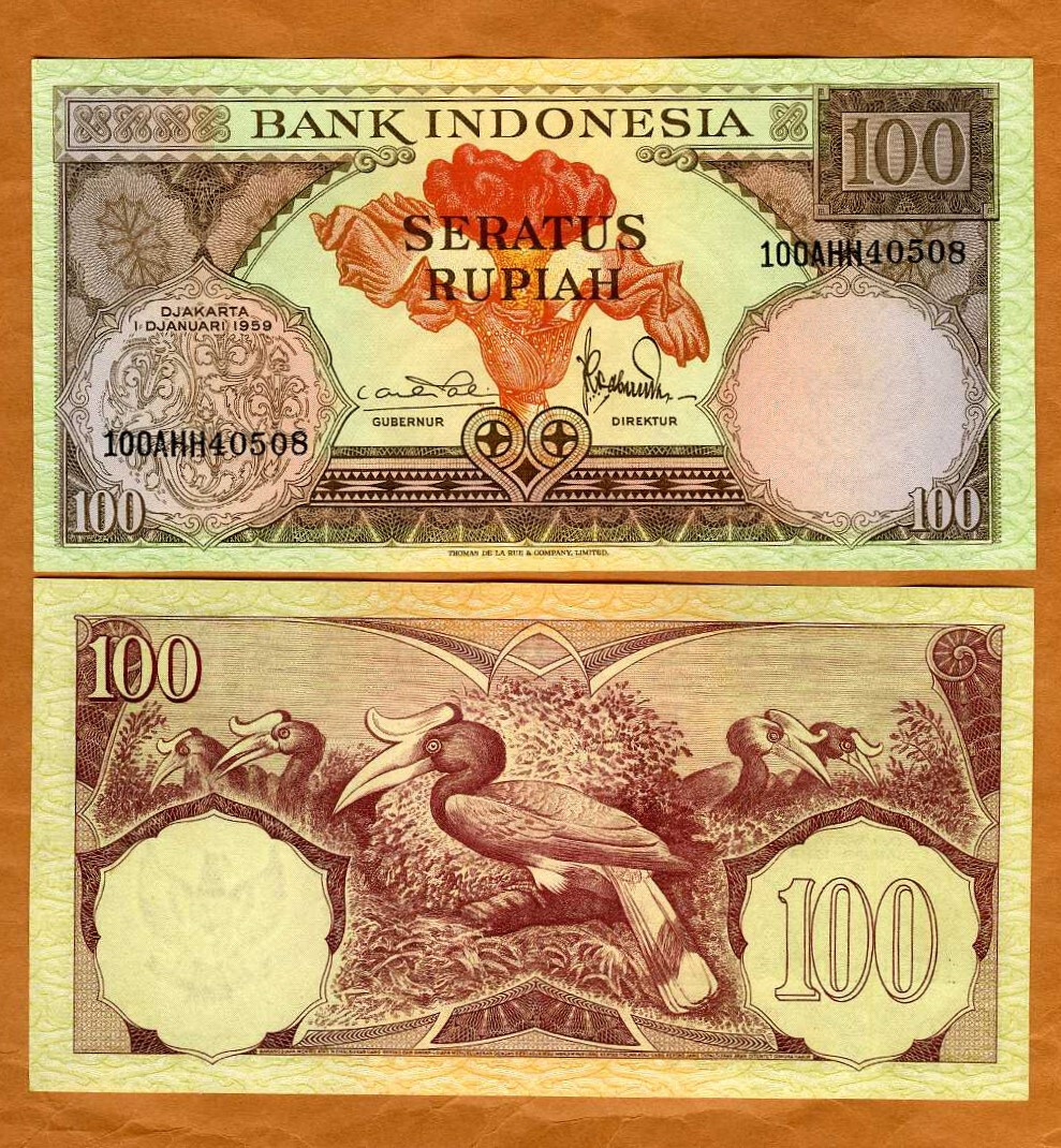 Indonesia, 100 Rupiah, 1959, P-69, UNC Flower, Birds