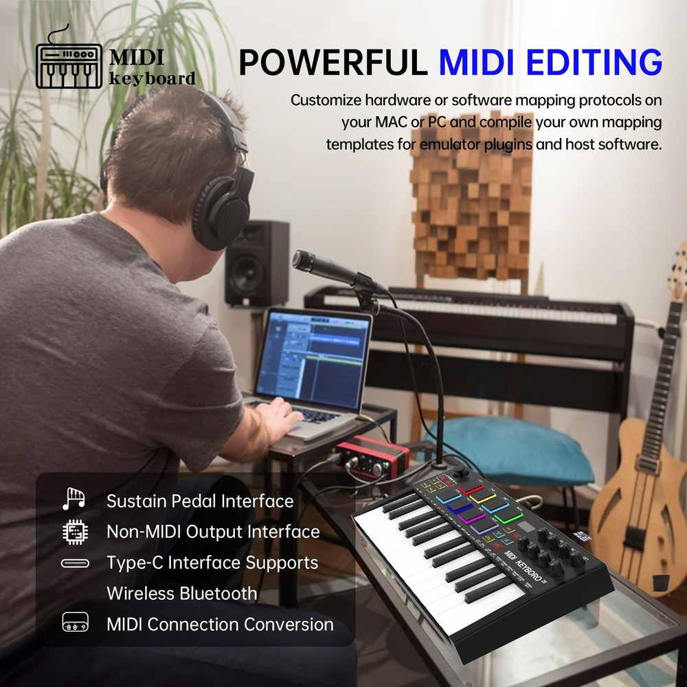 25Key USB MIDI Keyboard Controller with Backlit Pads and Knobs for Production