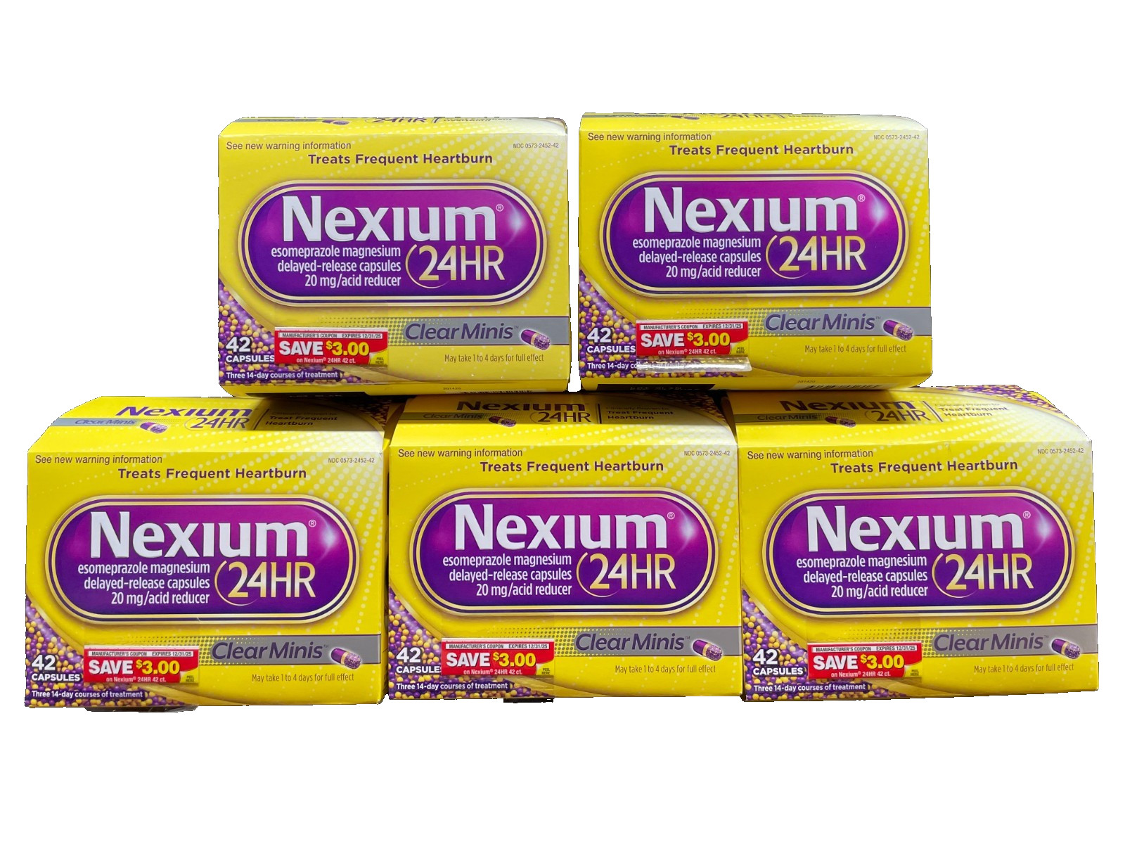 Nexium 24HR Acid Reducer CLEAR MINIS Heartburn Relief 5 Boxes 42 Count per box