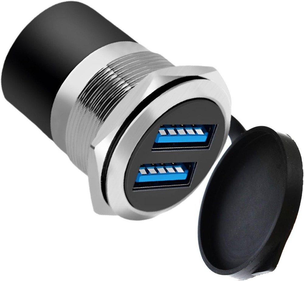 Dual USB 3.0 Panel Mount Adapter - Threaded Round Connector with Black