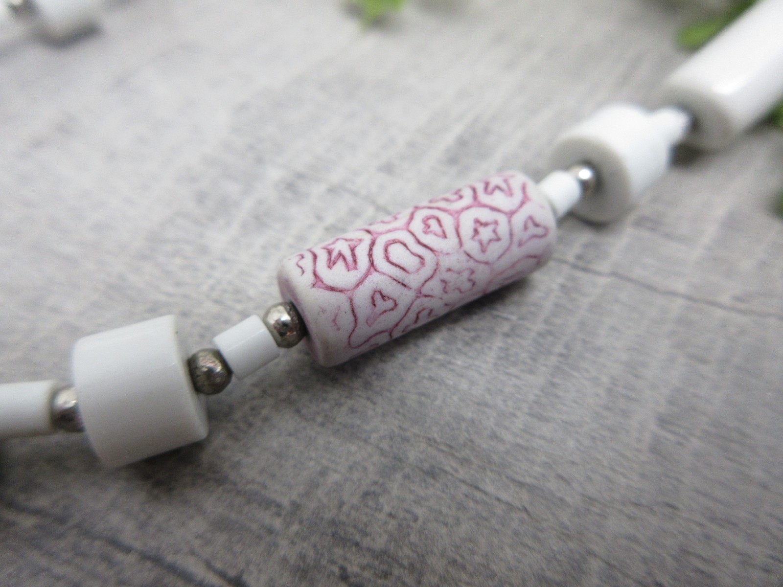 Ceramic Beads Necklace White Pink 24 Inches Native American Inspired Design