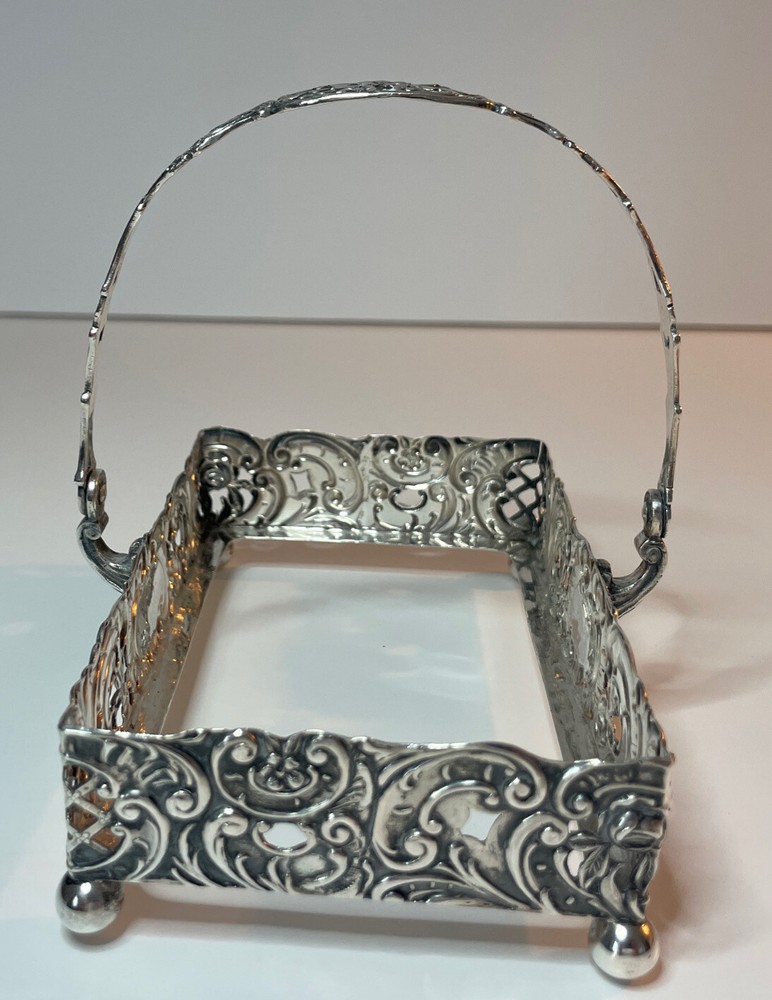 Germany Sterling Repousse Basket Etched Glass Insert Rectangular Swing Handle