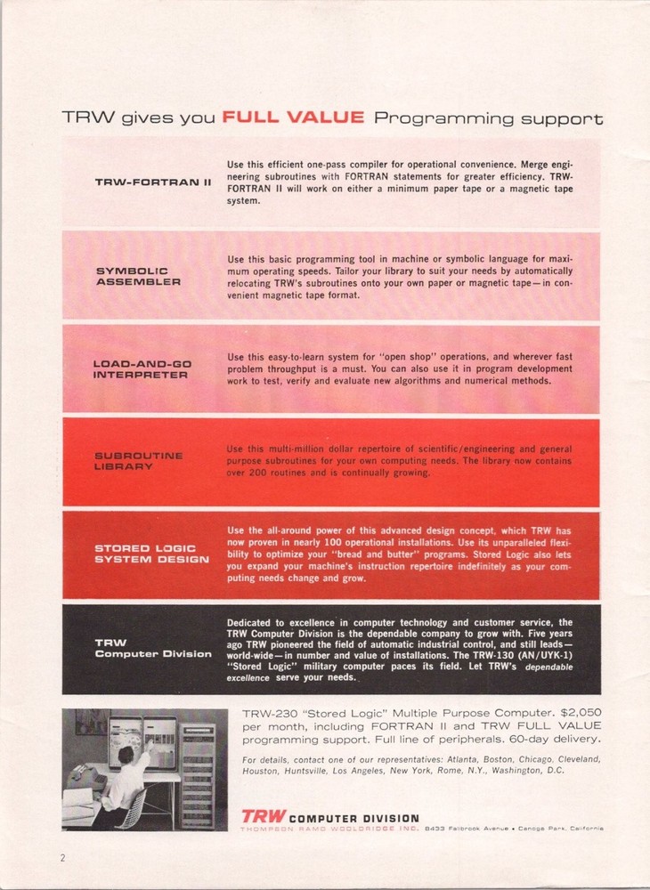Vintage 1963 TRW-230 Computer Print Ad Stored Logic Programming Support