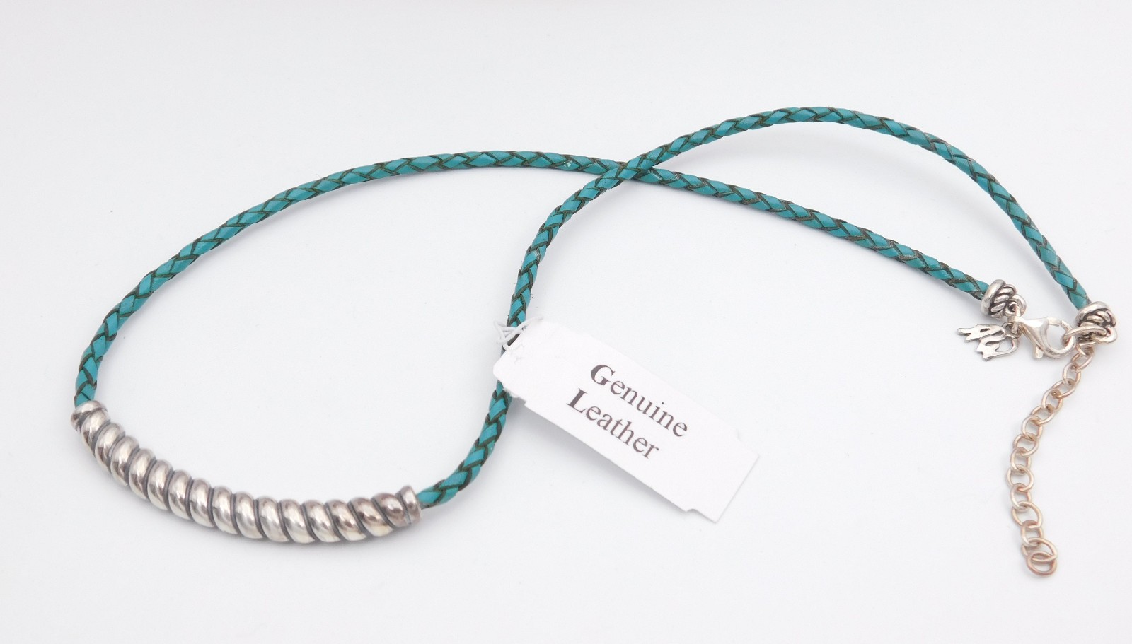 New Carolyn Pollack Sterling Turquoise Leather Scalloped Bar Necklace 16-18"