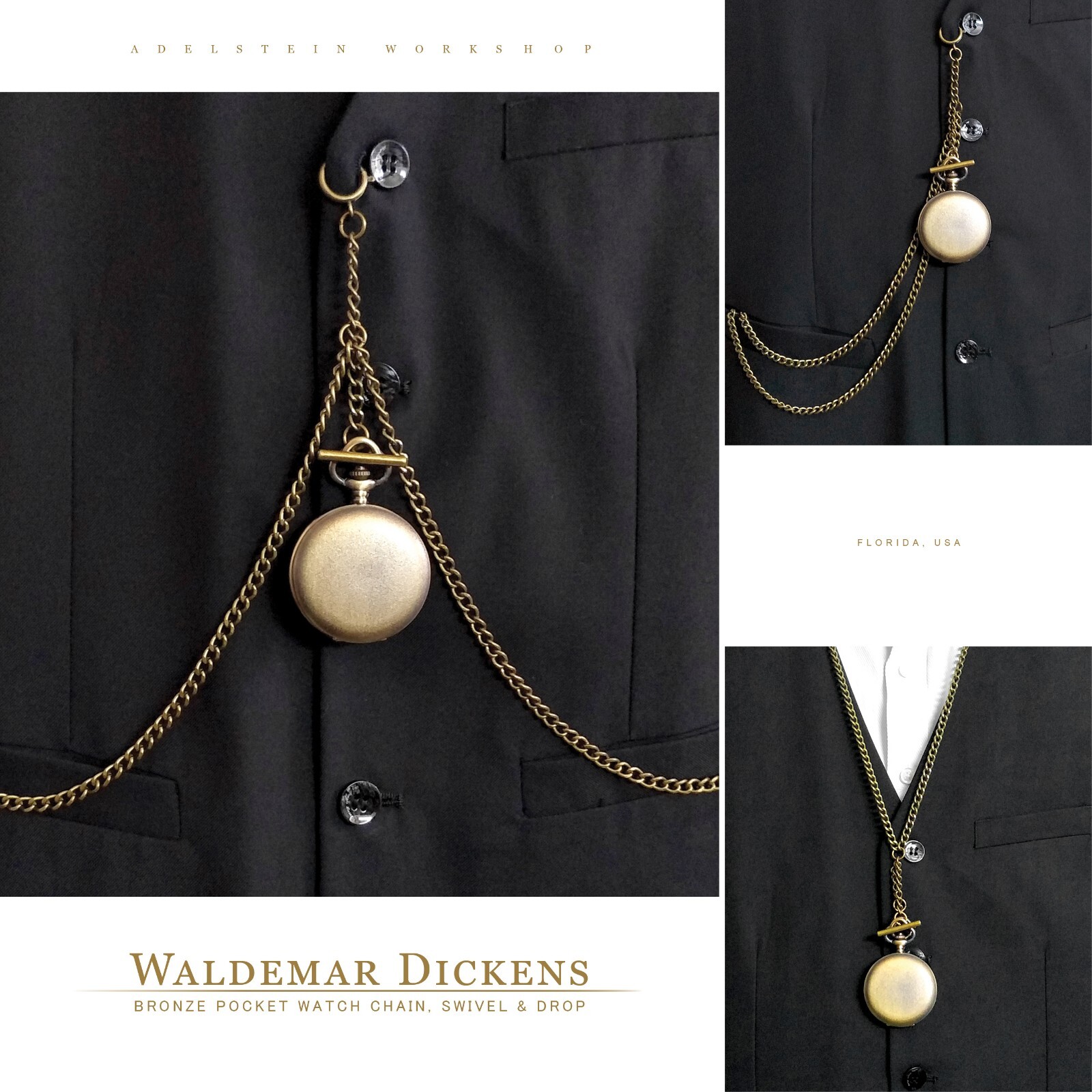 Brass Waldemar Double Albert Pocket Watch Chain, Swivel, Drop FOB006 (See NOTE)