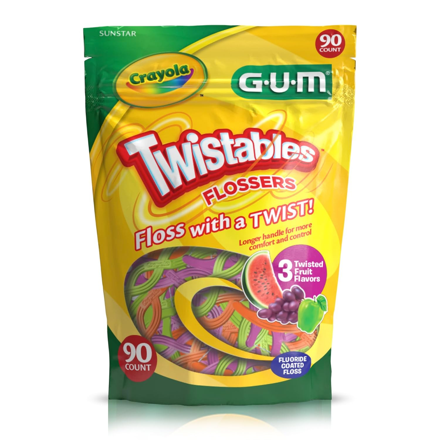 GUM Crayola Twistables Kids Flossers with Fluoride, 90 Count, Ages 3+