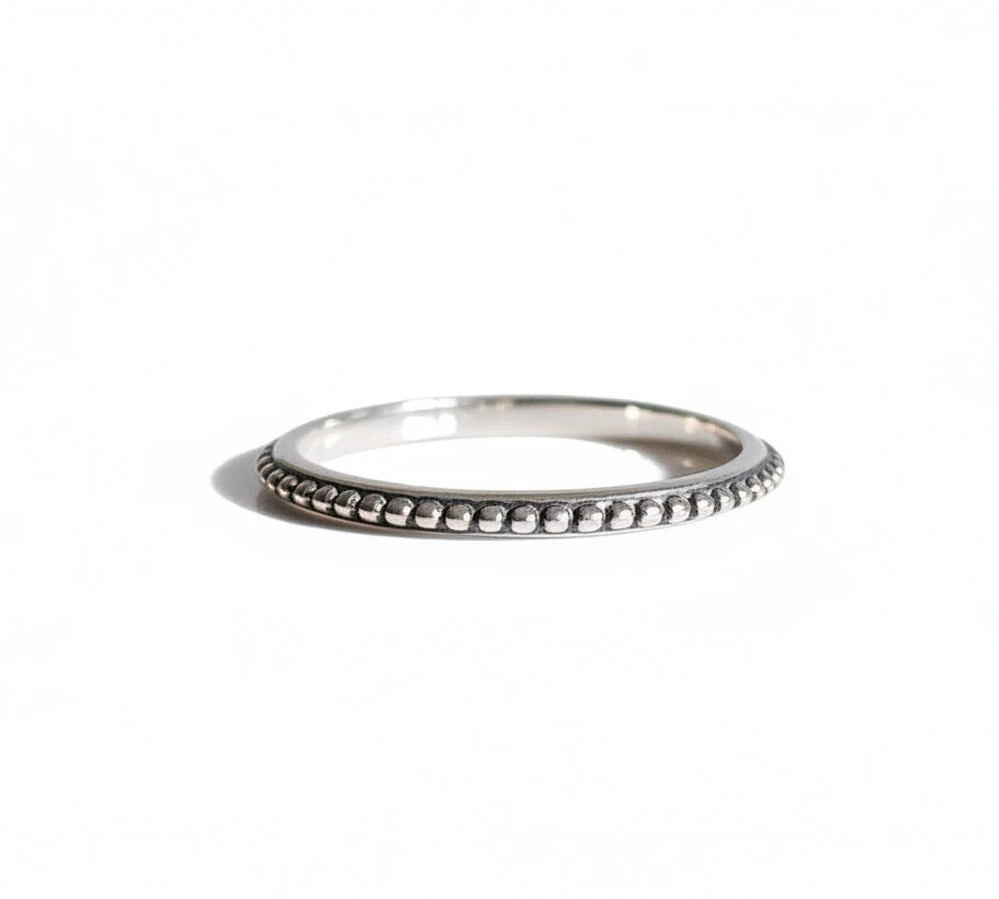 Sterling Silver Bali Beaded Thin Band Ring