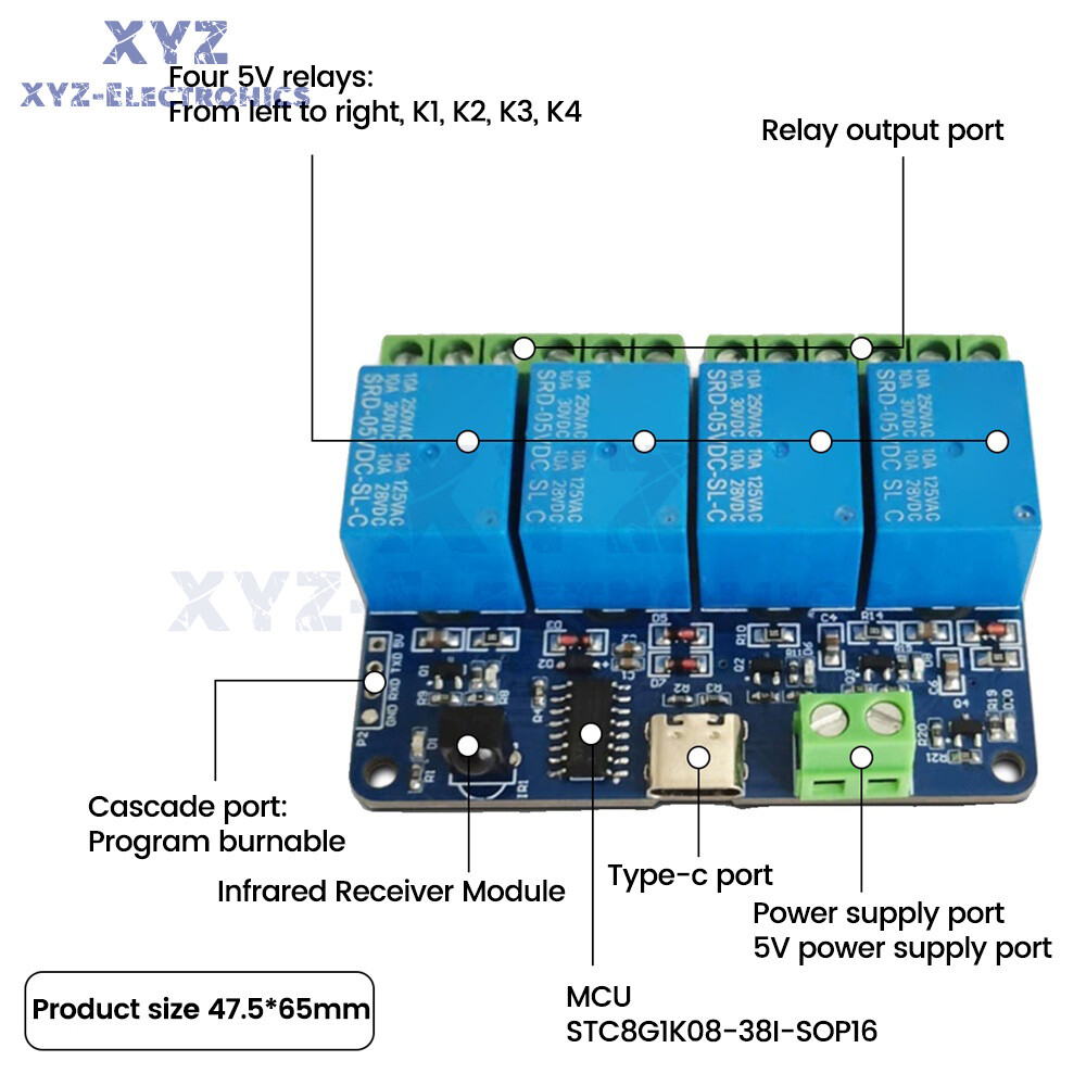 DC5V 4way Infrared Wireless Remote Control WiFi Relay Module Self-locking Type-C
