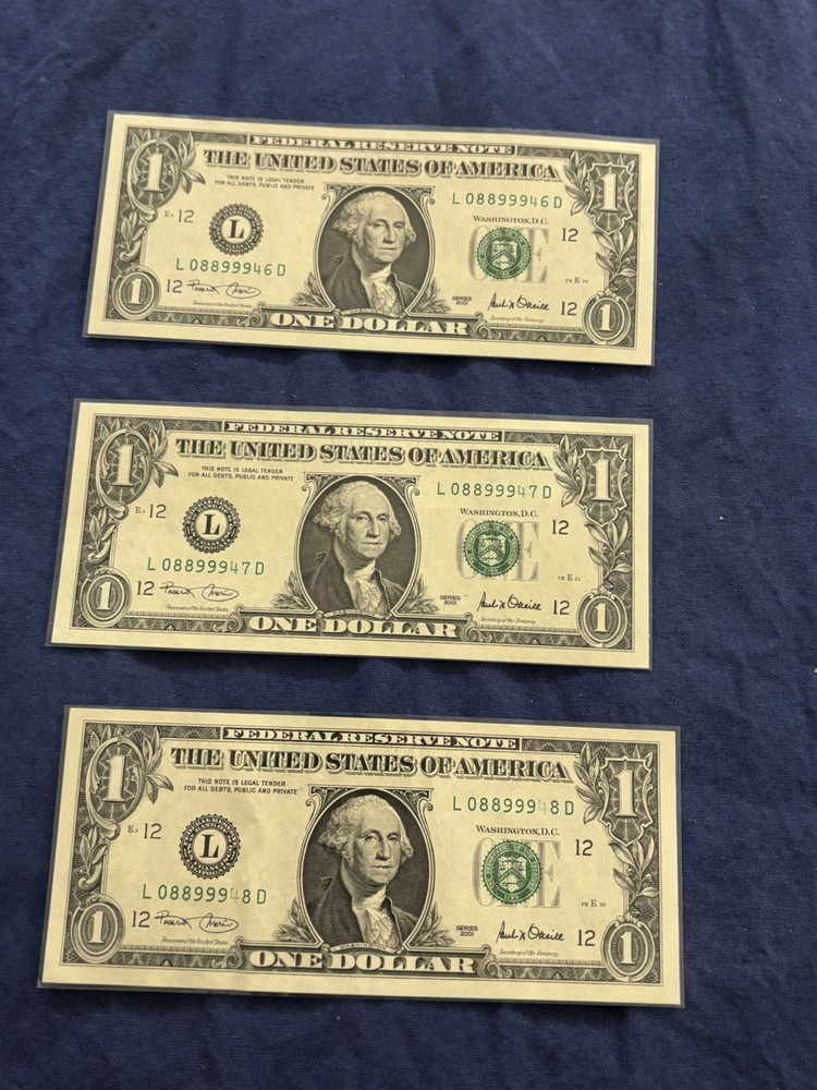 2001 FRN ERRORS INSUFFICIENT INKING 3 CONSECUTIVE SERIAL#’s FANCY SERIAL UNCIRC