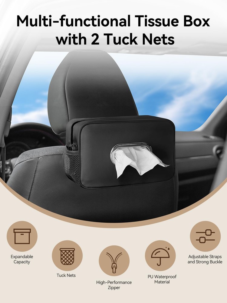 Multi-Functional Car Tissue Holder with ‌2 Storage Nets, Upgraded PU Black