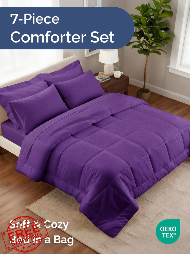 Queen 7pc Purple Bed in a Bag Comforter Sheet Set