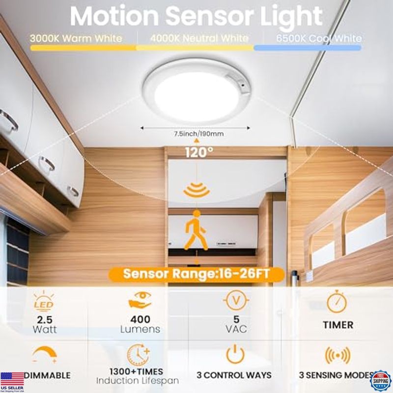 SunRider 2Pack Rechargeable Motion Sensor LED Ceiling Light with Remote, 3CCT