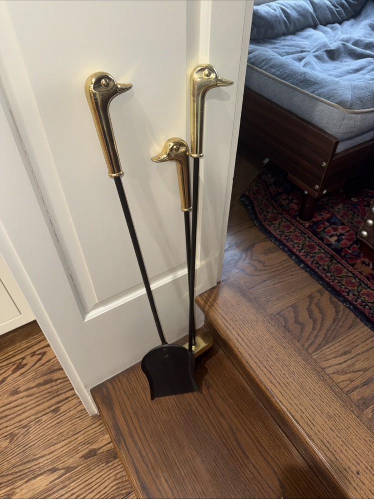 Brass Duck Head Fireplace Tools Vintage Excellent Condition