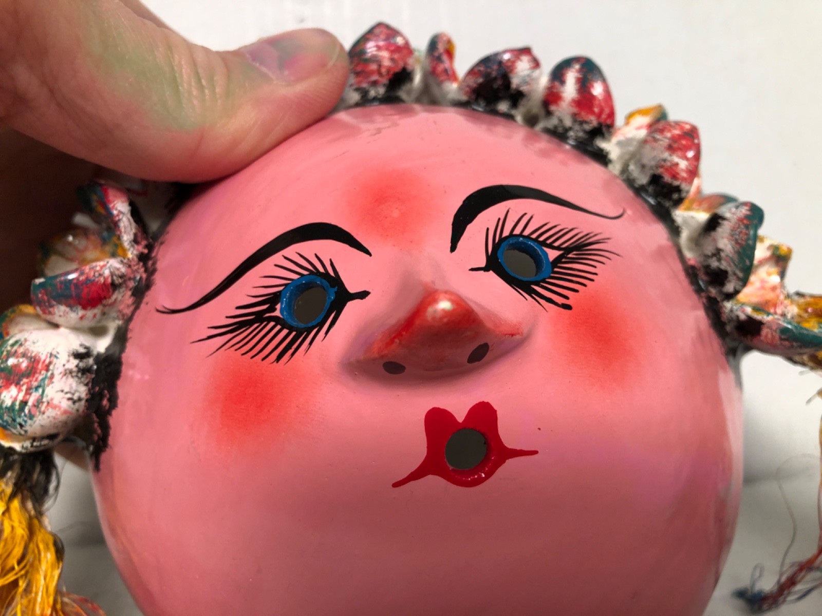 MEXICO FOLD ART COCONUT SHELL WALL MASK STING HOLDER GIRL PINK