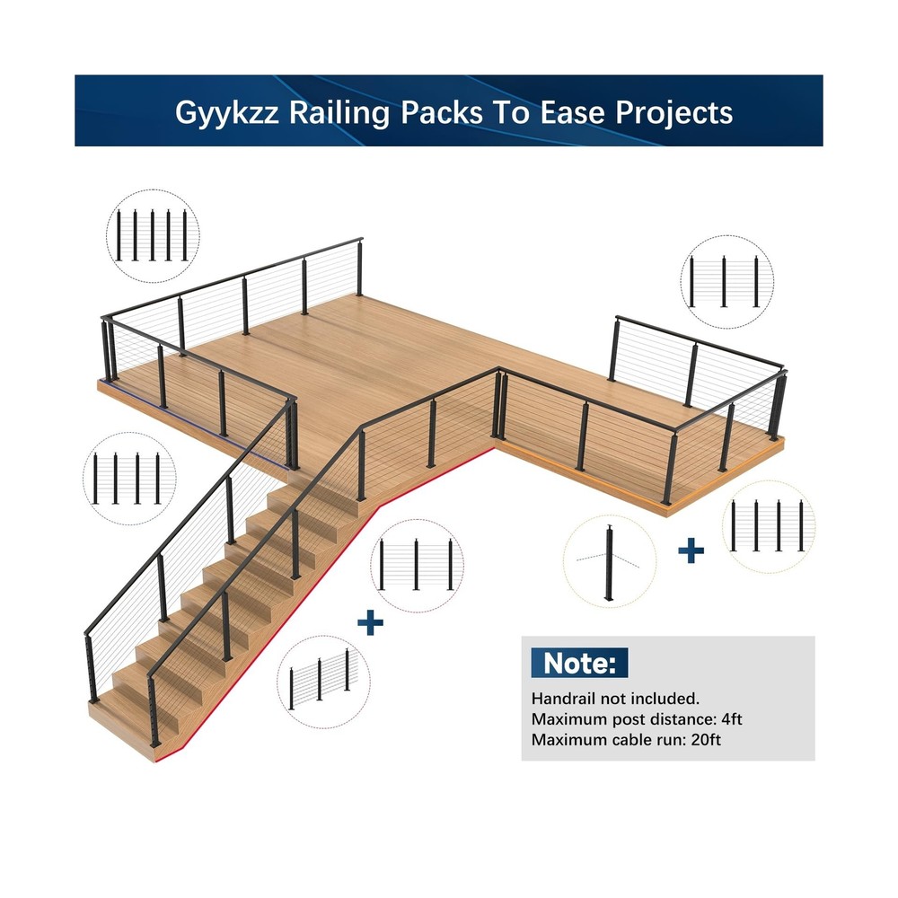 Cable Railing System - 4Pack Adjustable Line Post Kit with 160ft Cable, 10 Te...