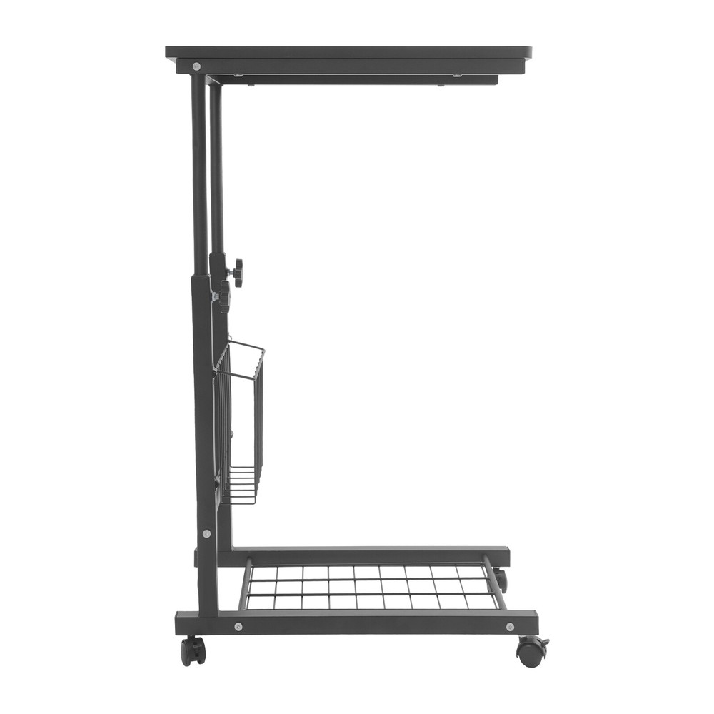 2 Tiers Adjustable Bed Side Table Thickened Mobile Standalone Table w/ Wheels
