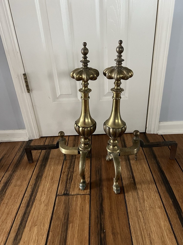 Pair Antique French Empire Style Solid Brass Fireplace Andirons Firedogs