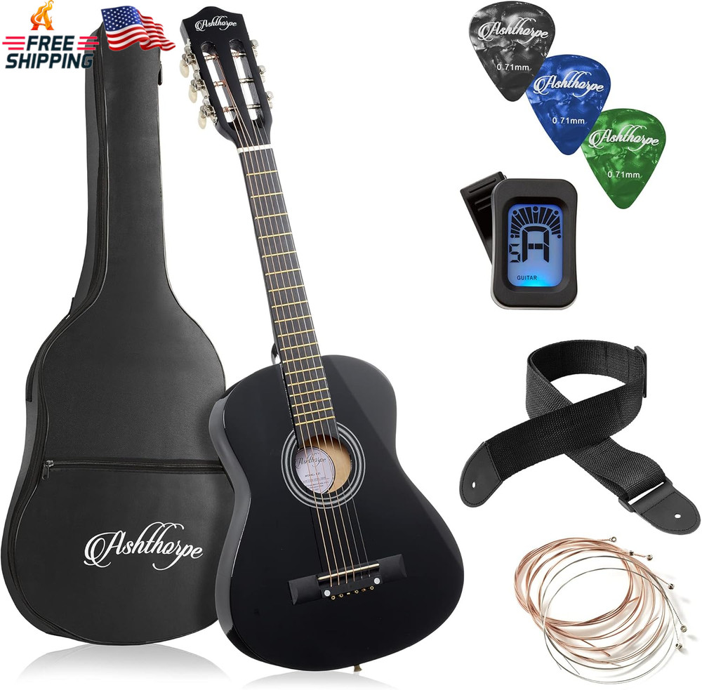 Ashthorpe 30-Inch Beginner Acoustic Guitar Package (Black), Basic Starter Kit W/
