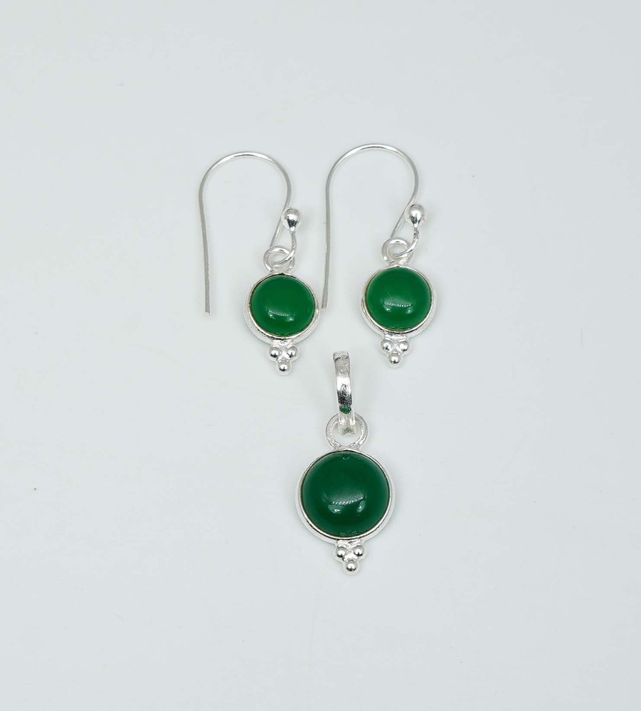 925 Solid Sterling Silver Green Onyx Hook Earring Pendant Set