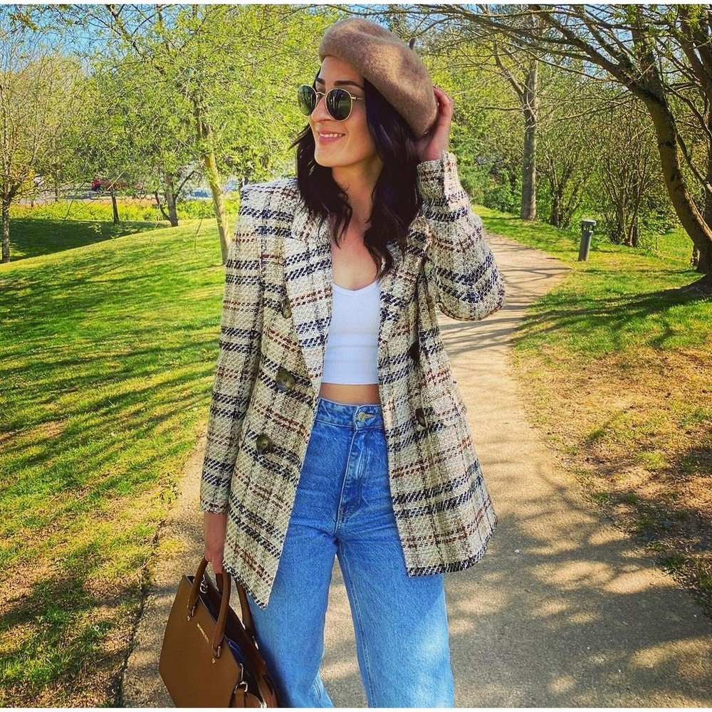 ZARA Wool-Blend Double Breasted Plaid Blazer NWT