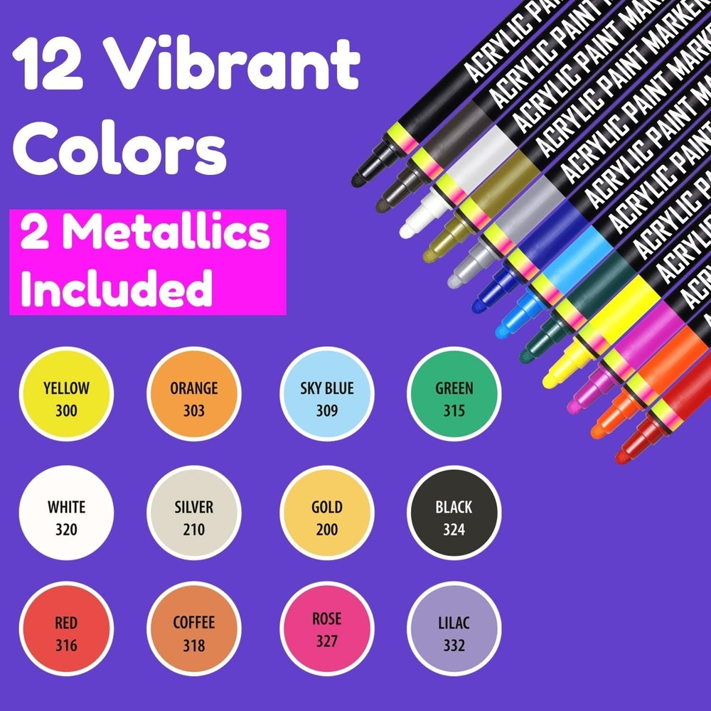 Vibrant 12-Pack Acrylic Paint Markers - Dual Tip for Ultimate Creativity