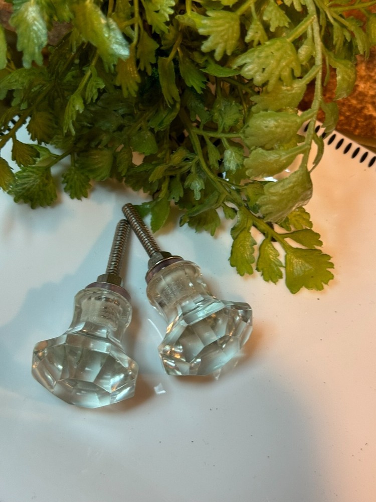 4; Glass Cabinet Knobs Clear Glass Drawer Pulls Depression Era Style w/Hardware