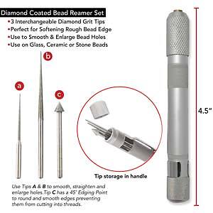 Versatile diamond tip bead reamer set w/ storage in the handle