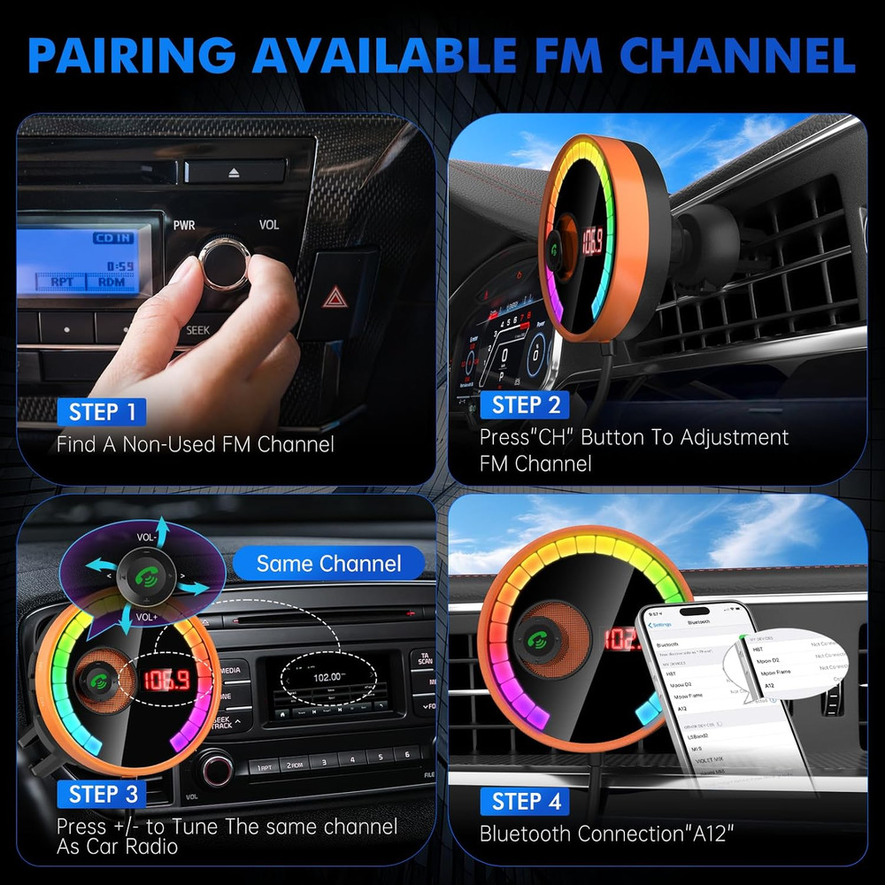 Bluetooth Car FM Transmitter QC3.0 Fast Charge LED HiFi Bass USB TF Handsfree