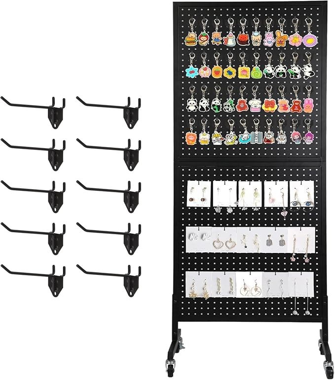 2'x5' Standing Pegboard Display with T-Base & Wheels, Extra 10 Hooks - Blac