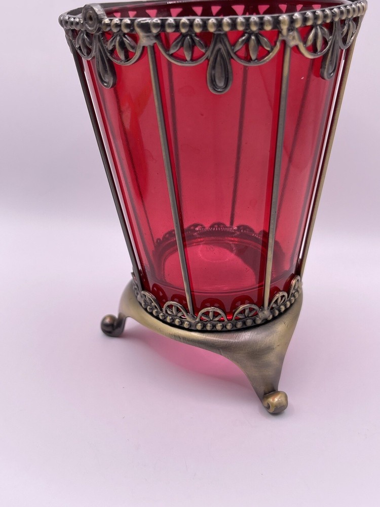 Vintage Elegant Silver-Metal Wire Cup Red Glass Votive Holder Goth Decor ****