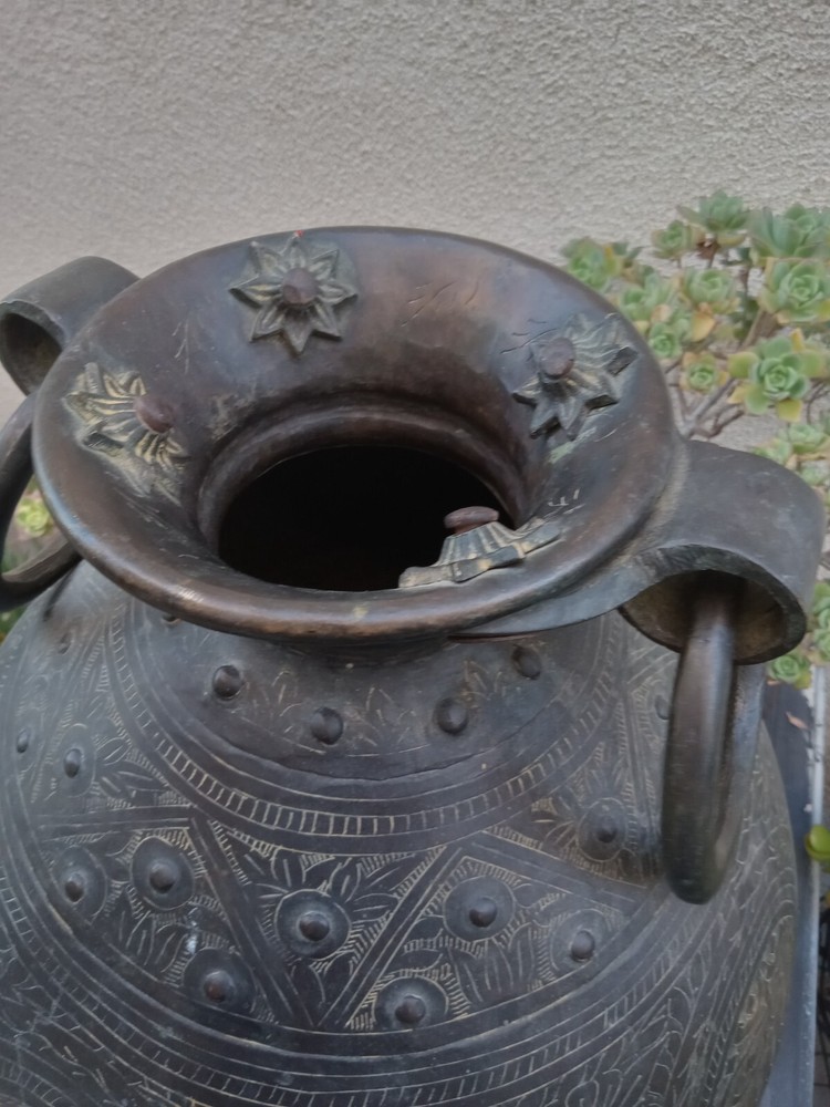 Antique Middle Eastern Etched Bronze Large Water Jug